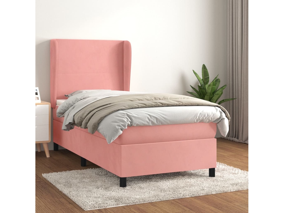 Cama Box Spring Con Colchón Terciopelo Rosa 90x200 Cm