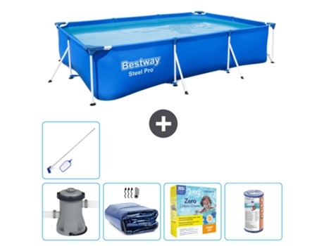 Piscina BESTWAY rectangular Steel Pro - 300 x 201 x 66 cm - Azul - Bomba incluida Vela solar - Paquete de mantenimiento - Filtrar - kit de limpieza