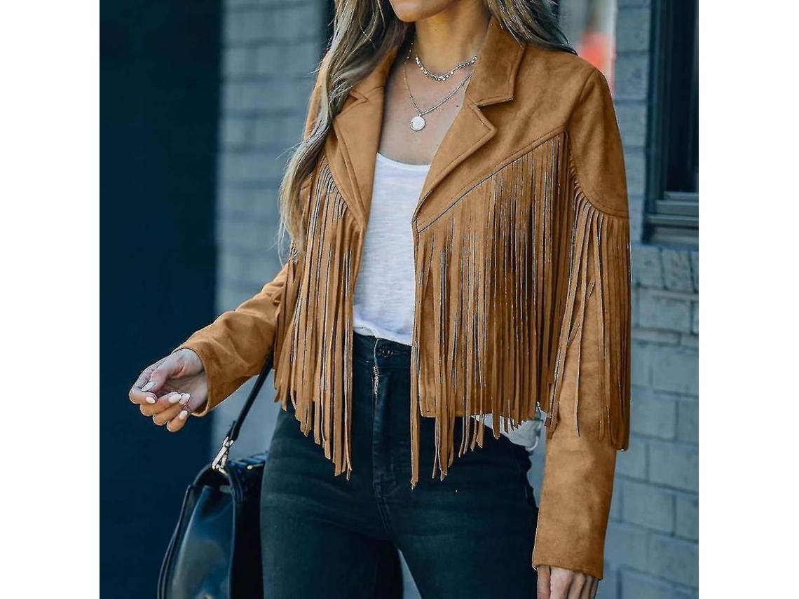 Chaqueta Rebe para mujer en piel sintética y tela vaquera con flecos, manga larga, estilo casual para invierno y otoño, talla M, color caqui.