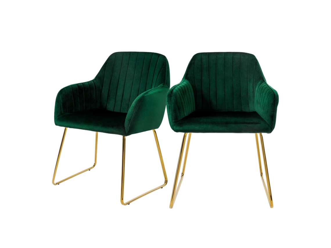 Conjunto de 2 Cadeiras de Jantar com Encosto Estofo em Veludo Verde e Pernas Metálicas ML-DESIGN