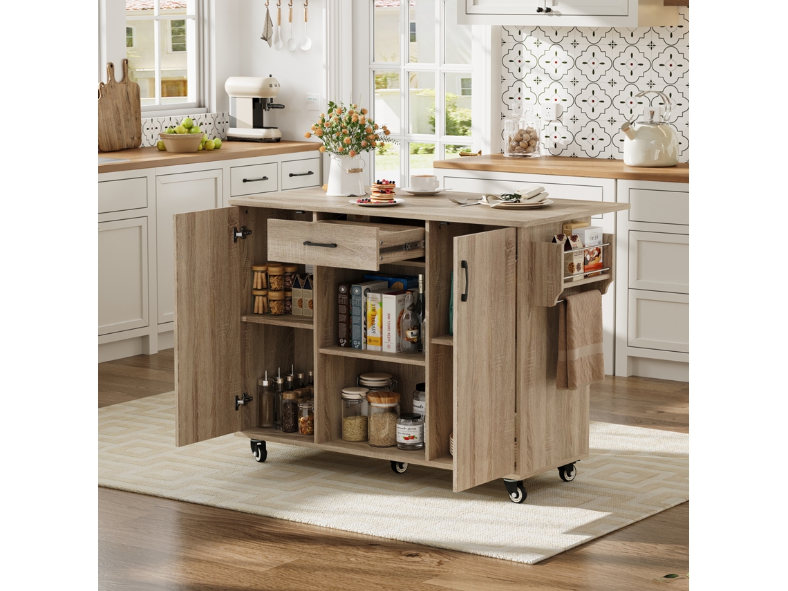 Isla De Cocina Móvil, Encimera Plegable, Ruedas, Armario Con Cajones, Roble, 120x93x44cm