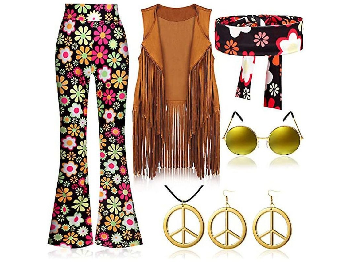 2026-traje Retro Hippie 70s Con Chaleco De Flecos, Pantalones Y Bufanda Para Fiestas Disfrazadas