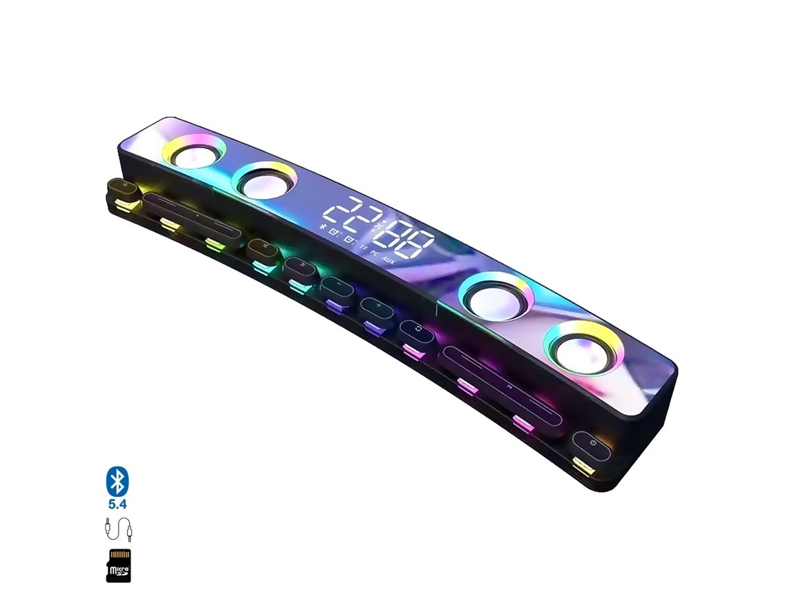 Barra de sonido DAM Bluetooth 5.4 con teclas mecánicas, pantalla e iluminación RGB.