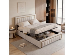 Bastidor Cama Matrimonio Hidráulica Con Almacén 140x190 Cm, Franela Beige Rosahqnda