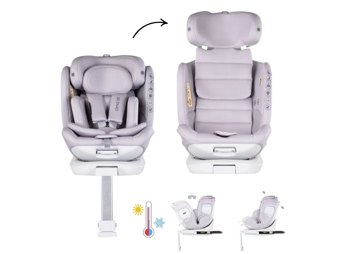 Silla de coche Chipolino Clima Air Cloud gris, talla I, con control de temperatura y rotación de 360° (40 x 150 cm)