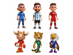 (6 modelos por paquete) Miniaturas de las mascotas de la Copa del Mundo 2026, con las estrellas Messi y Mbappé.