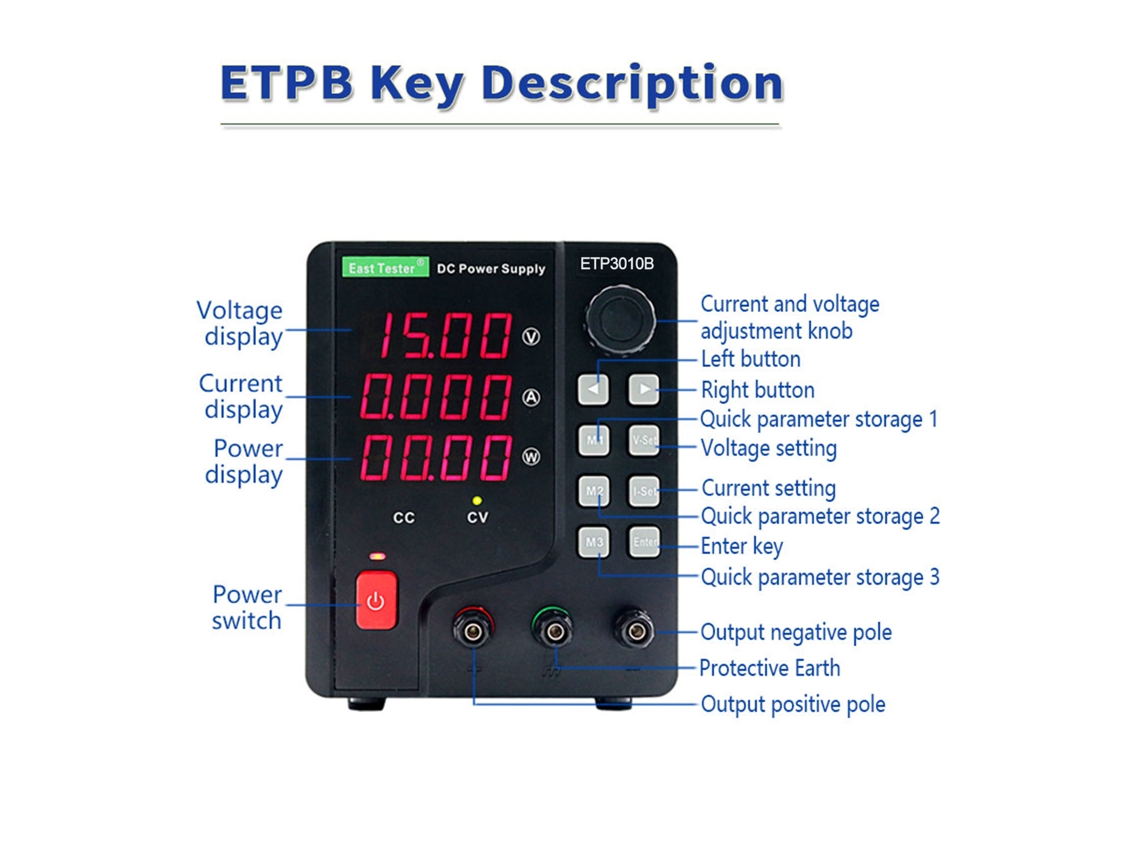 Probador de pantalla LED de alta precisión de 4 dígitos de un solo canal East ETP3010B, 300 W, 30 V, 10 A