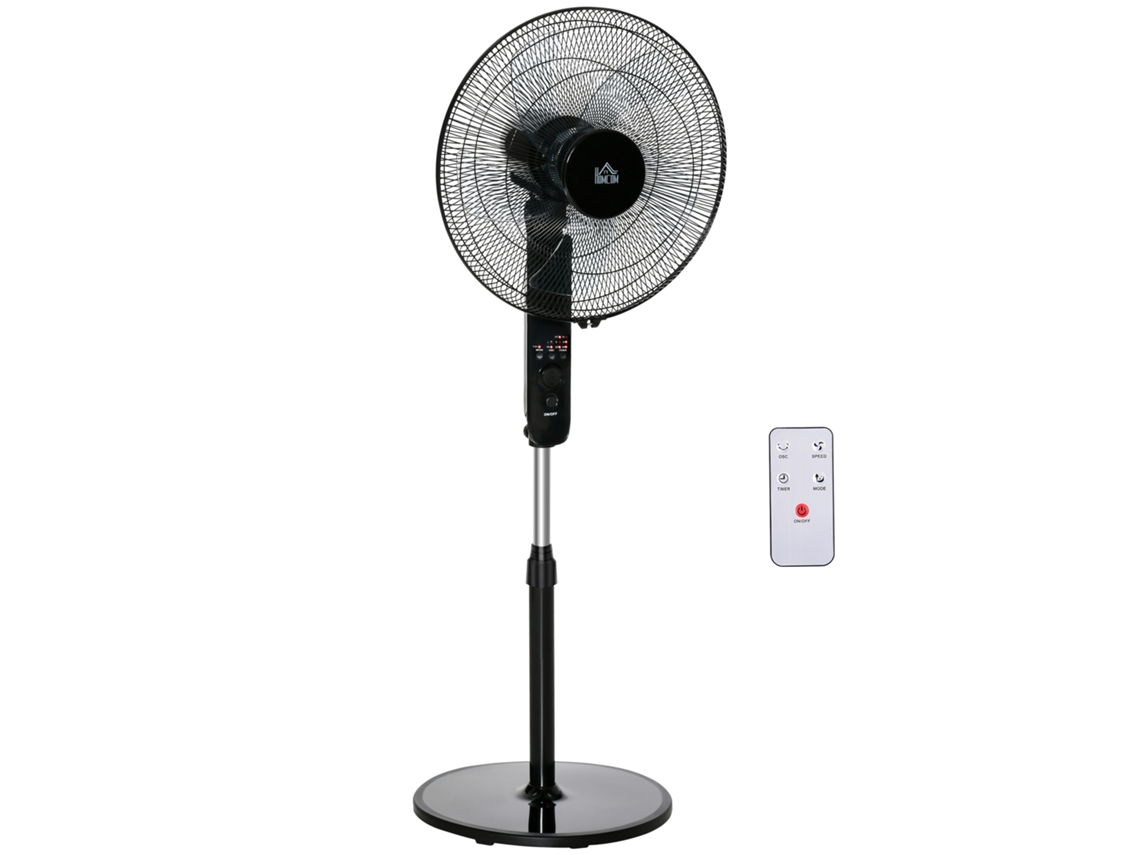Ventilador de pedestal con mando a distancia, altura regulable, 3 velocidades, Ø44,5 x 110-124 cm, negro.