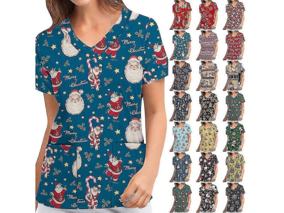 Camiseta de uniforme de enfermera de Navidad para mujer, manga corta, escote en V, blusa de Navidad Café S