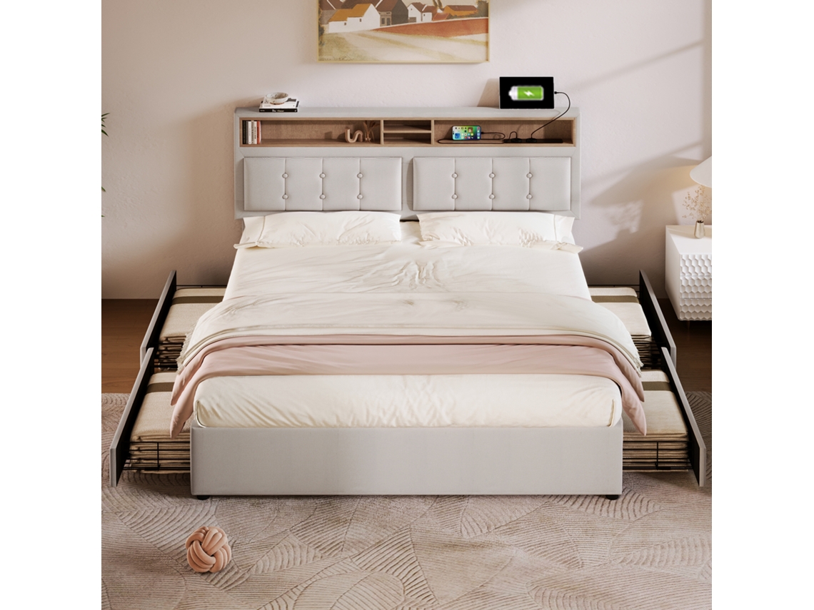Cama Tapizada En Gris, 160x200 Cm, 4 Cajones, Usb-c, Cabecero Ajustable.