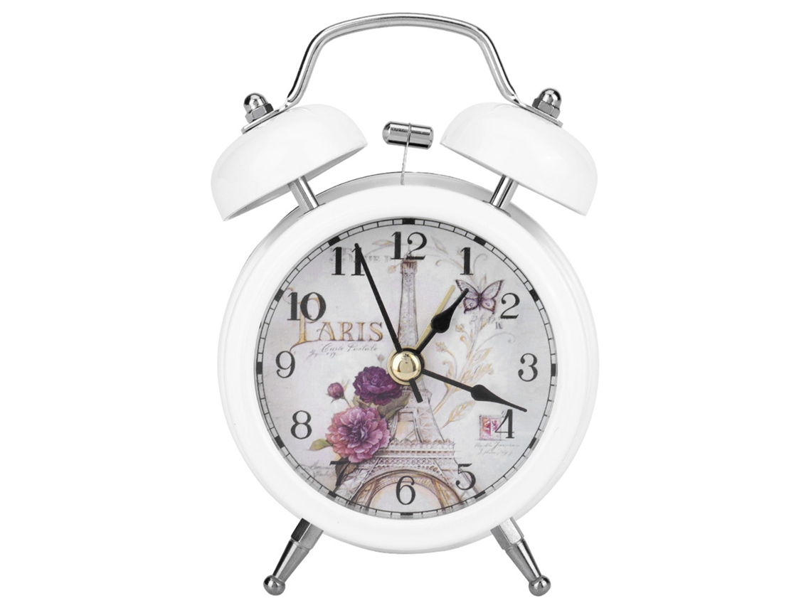 Mini reloj despertador digital silencioso de metal, estilo Baok-reloj, con luces intermitentes en la campana, para habitación de estudiante, color blanco.