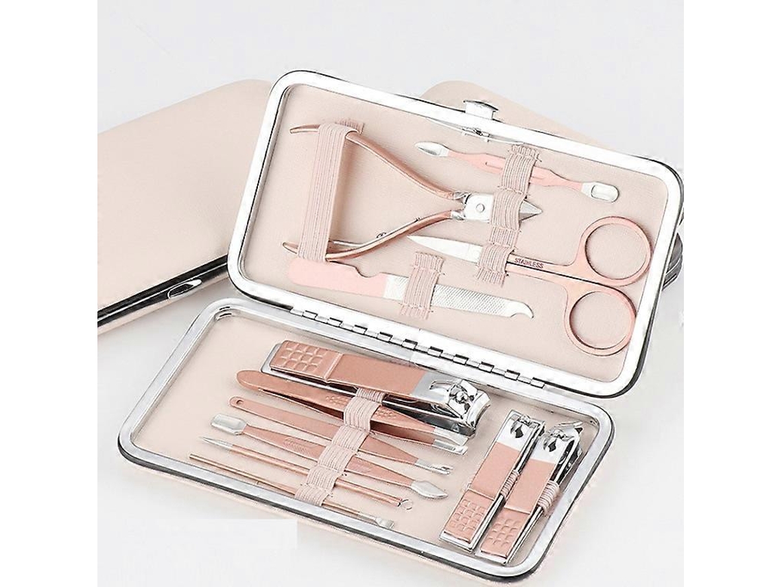 Kit de manicure portátil 12 em 1, aço inoxidável martensítico, cor ouro rosa, com bolsa de couro rosa.