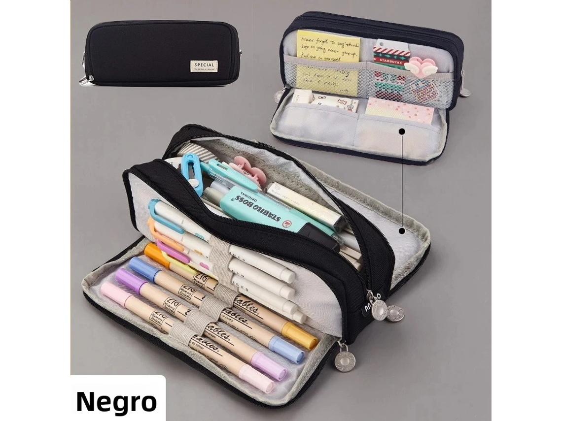Estuche Grande Y Bonito (negro), Accesorio Coreano Para La Vuelta Al Cole, Material De Tela.