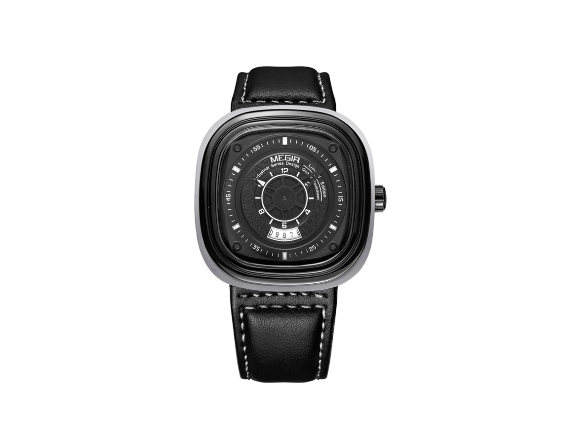 Reloj Hombre Megir Fashion Metal Resistente Al Agua Con Correa De Cuero Ajustable Negro