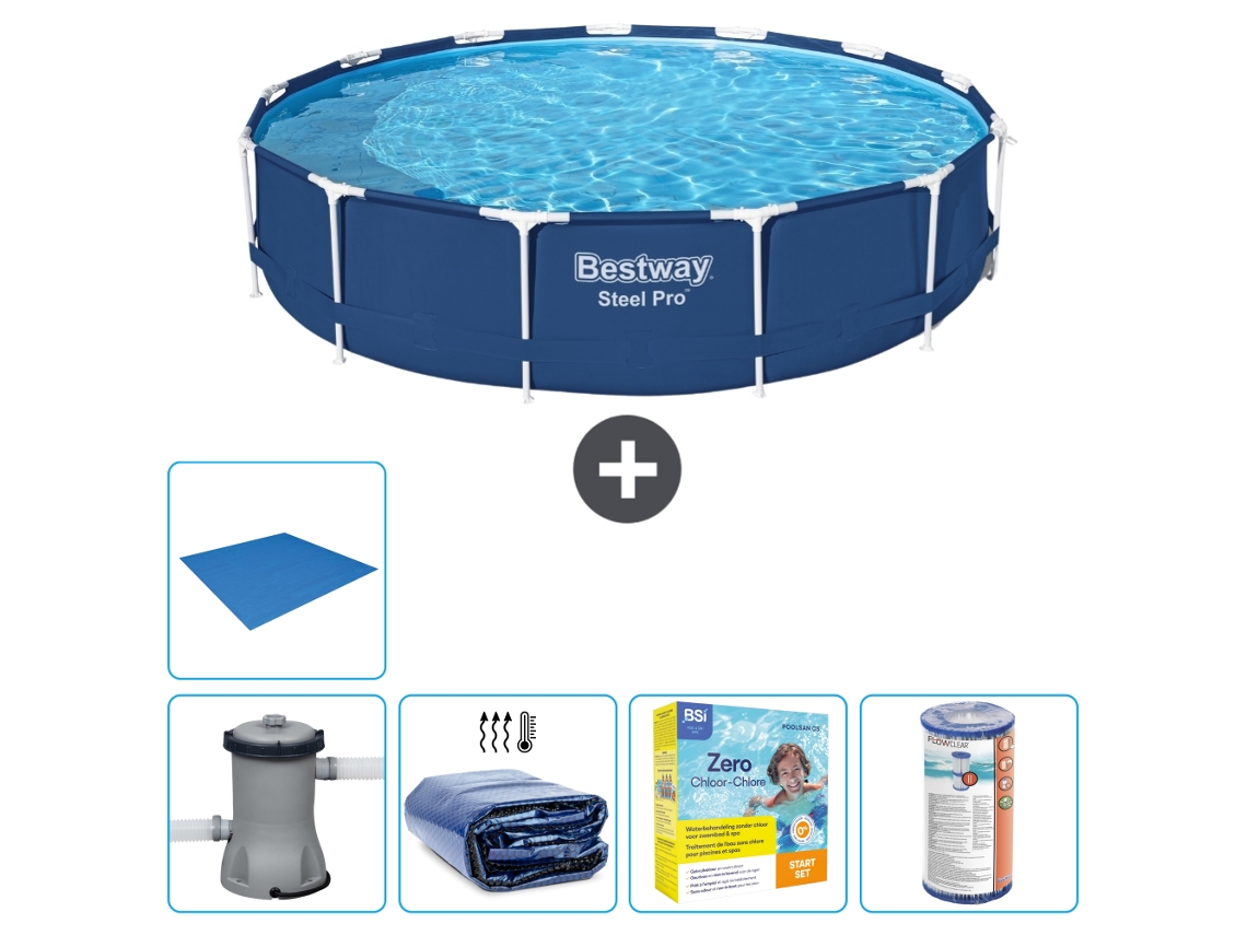 Piscina BESTWAY Round Steel Pro - 396 x 84 cm - Azul - Bomba incluida Vela solar - Paquete de mantenimiento - Filtrar - Suelo