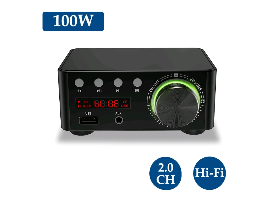 Amplificador Digital Mini Estéreo Bt5.0 100w 2 Canales Usb Aux Tf Para Home Theater Negro