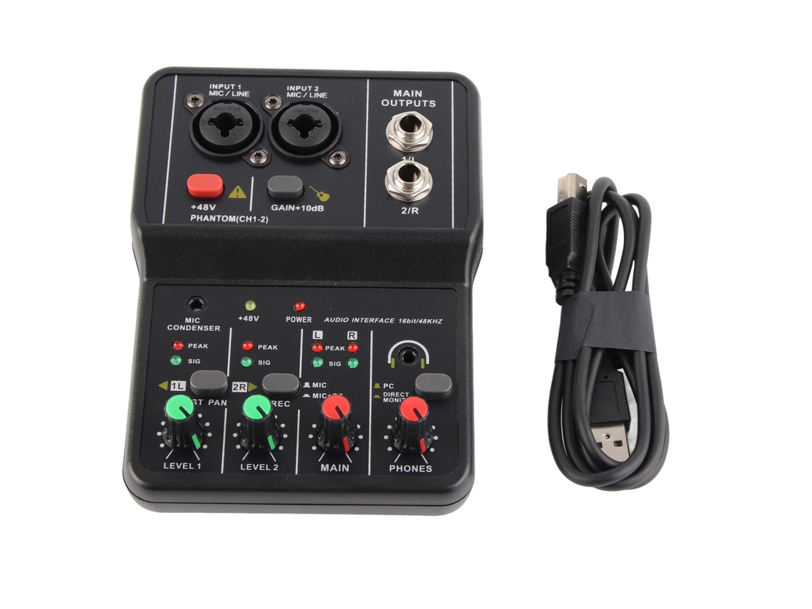 Mezclador de audio USB de 2 canales con alimentación fantasma de 48 V. Consola de mezcla de sonido compacta para grabación de música de karaoke en casa y en línea.