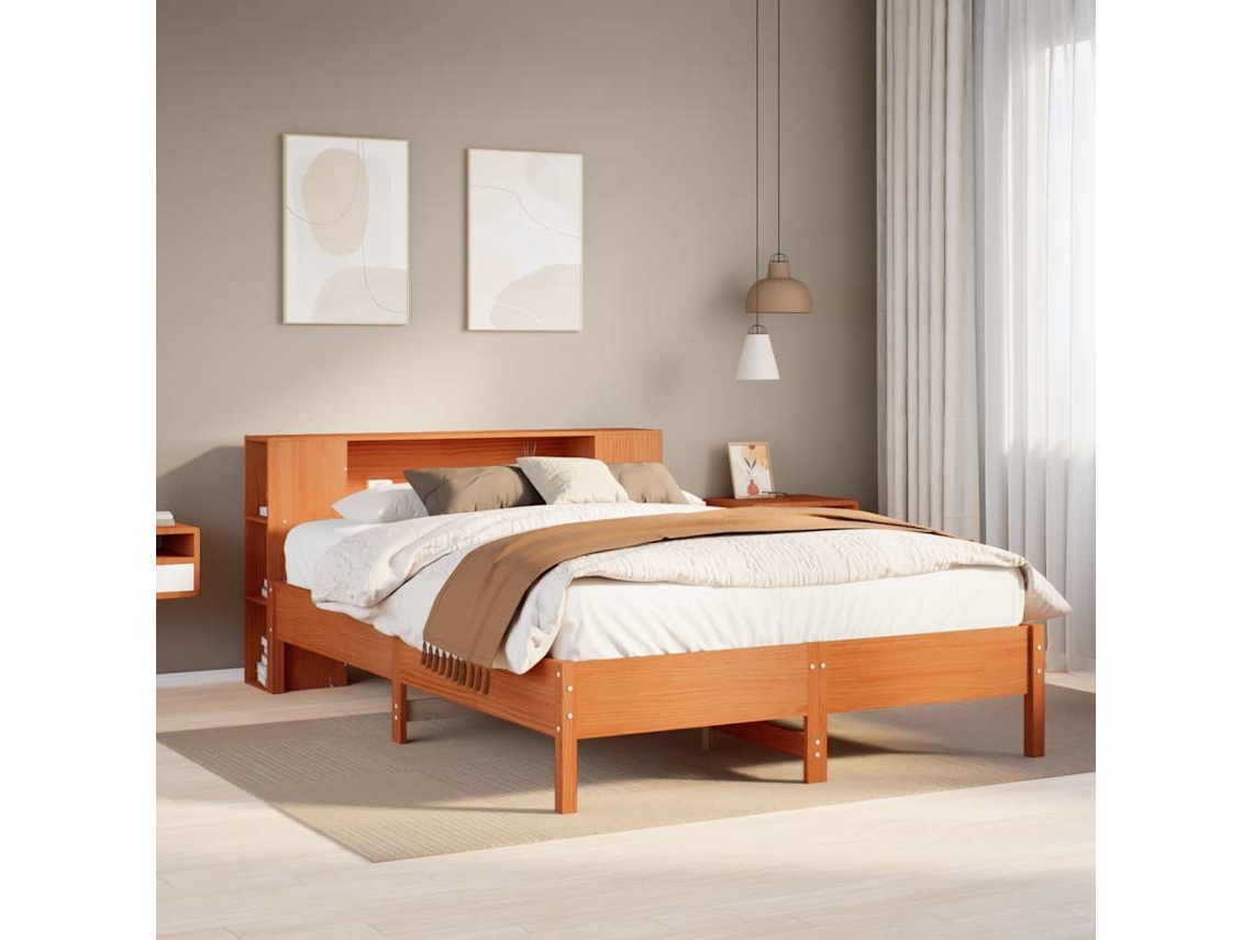 Cama Con Estantería Sin Colchón Madera Maciza Marrón 140x190 Cm