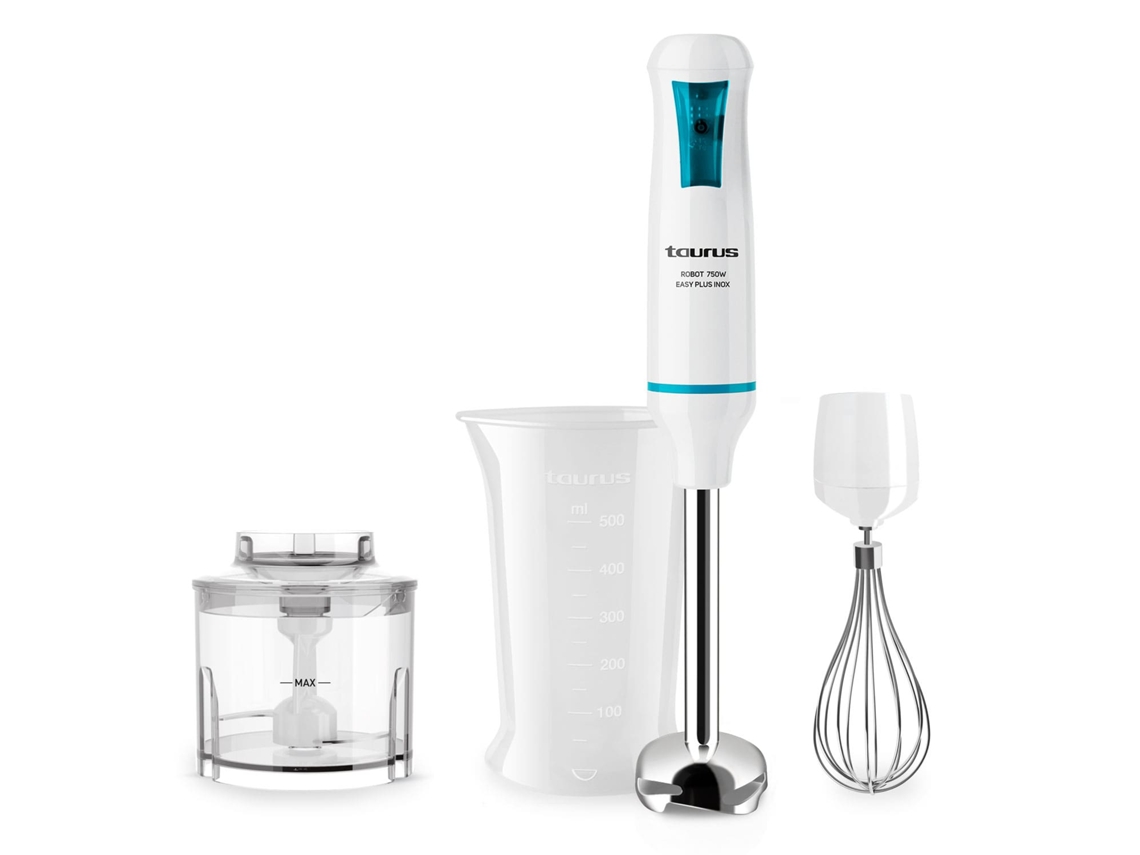 Batidora de mano Taurus Robot 750 Easy Plus de acero inoxidable, 750 W, cuchillas de acero inoxidable, sistema de rotación turbo, vaso de 500 ml, picadora