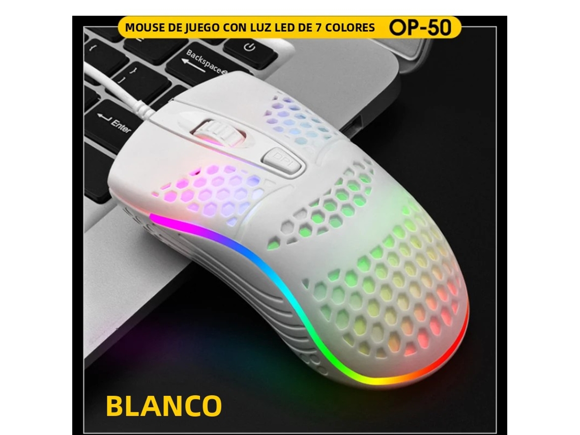 Ratón para juegos con cable (blanco), retroiluminación LED con efecto de respiración, interfaz USB.