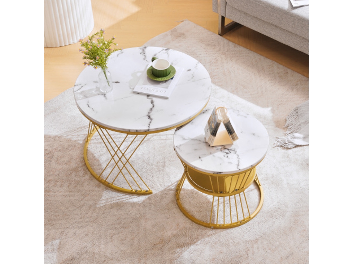 Juego de mesa de centro apilable moderna, juego de mesa de centro con acabado brillante, mesa auxiliar para sofá con tablero de mármol