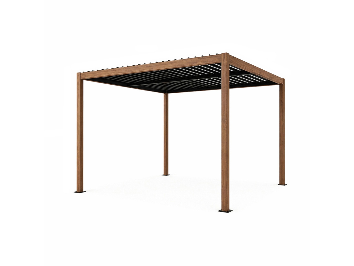 Rhodes Pérgola Bioclimática Con Efecto Madera, Estructura Y Lamas Orientables De Aluminio, 3x3 M