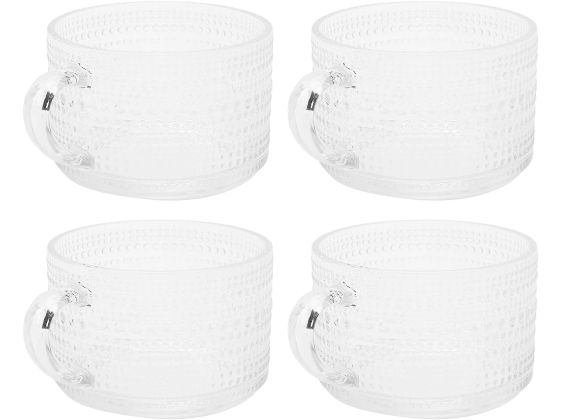 Juego de 4 tazas de cristal, estilo del norte de Europa, taza de desayuno con diseño en relieve y asa retro Gokoco