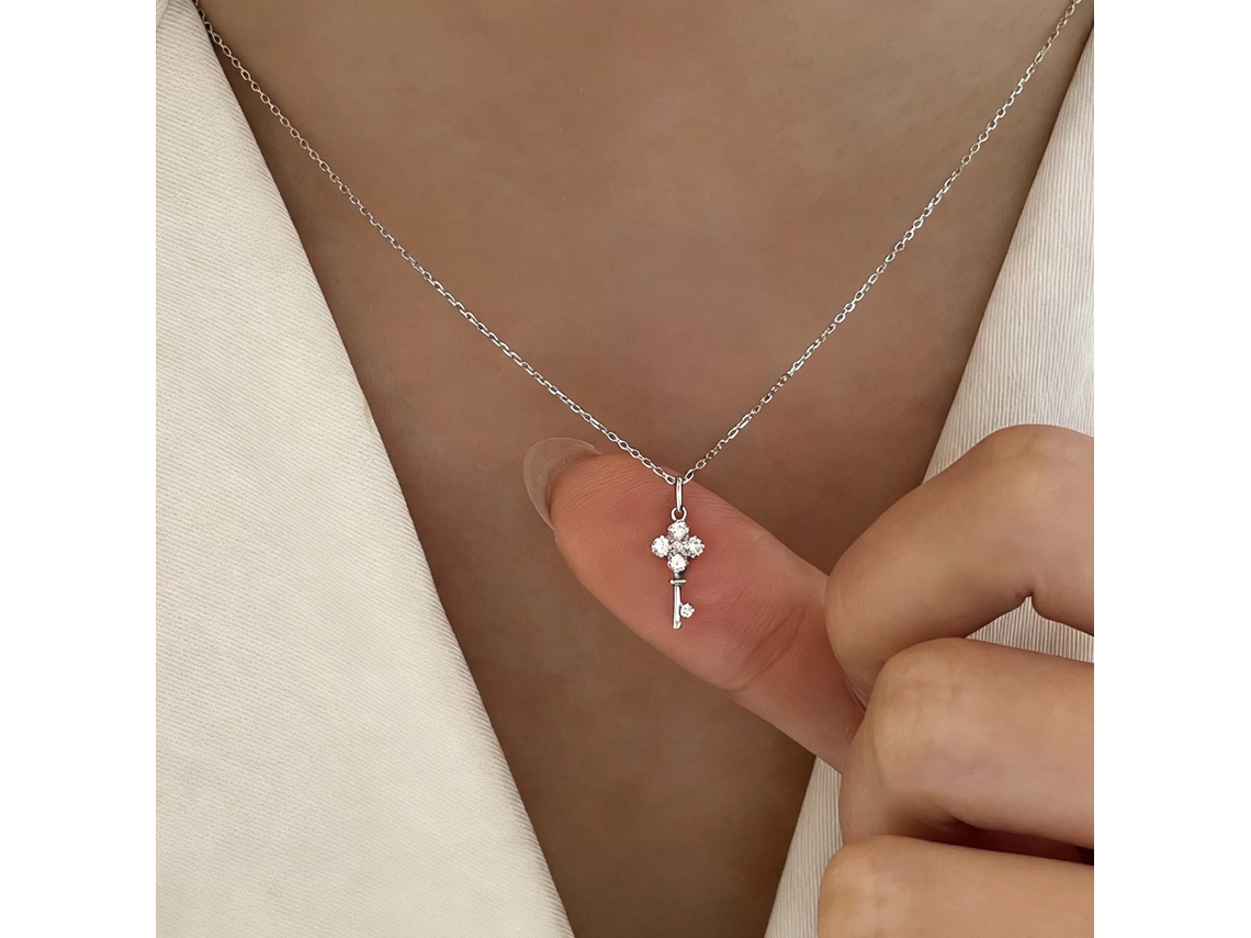 Desata la alegría en tu corazón~ Collar con mini llave y circonita en plata de ley 925, lujoso trébol de cuatro hojas MDUG (oro blanco)
