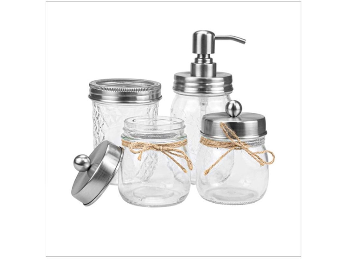 Set De 4 Accesorios De Baño: Dispensador De Jabón, 2 Frascos Farmacéuticos Y Portacepillos, Acero Inoxidable Y Vidrio, Plateado