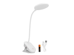 Lámpara de mesa LED blanca de 2W con base giratoria, interruptor táctil, carga USB y tres modos de iluminación.