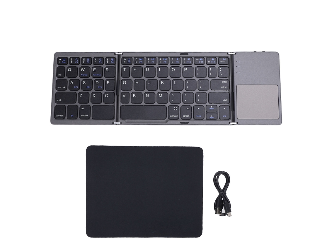 Teclado portátil dobrável triplo sem fio, recarregável, com Bluetooth e touchpad (preto)