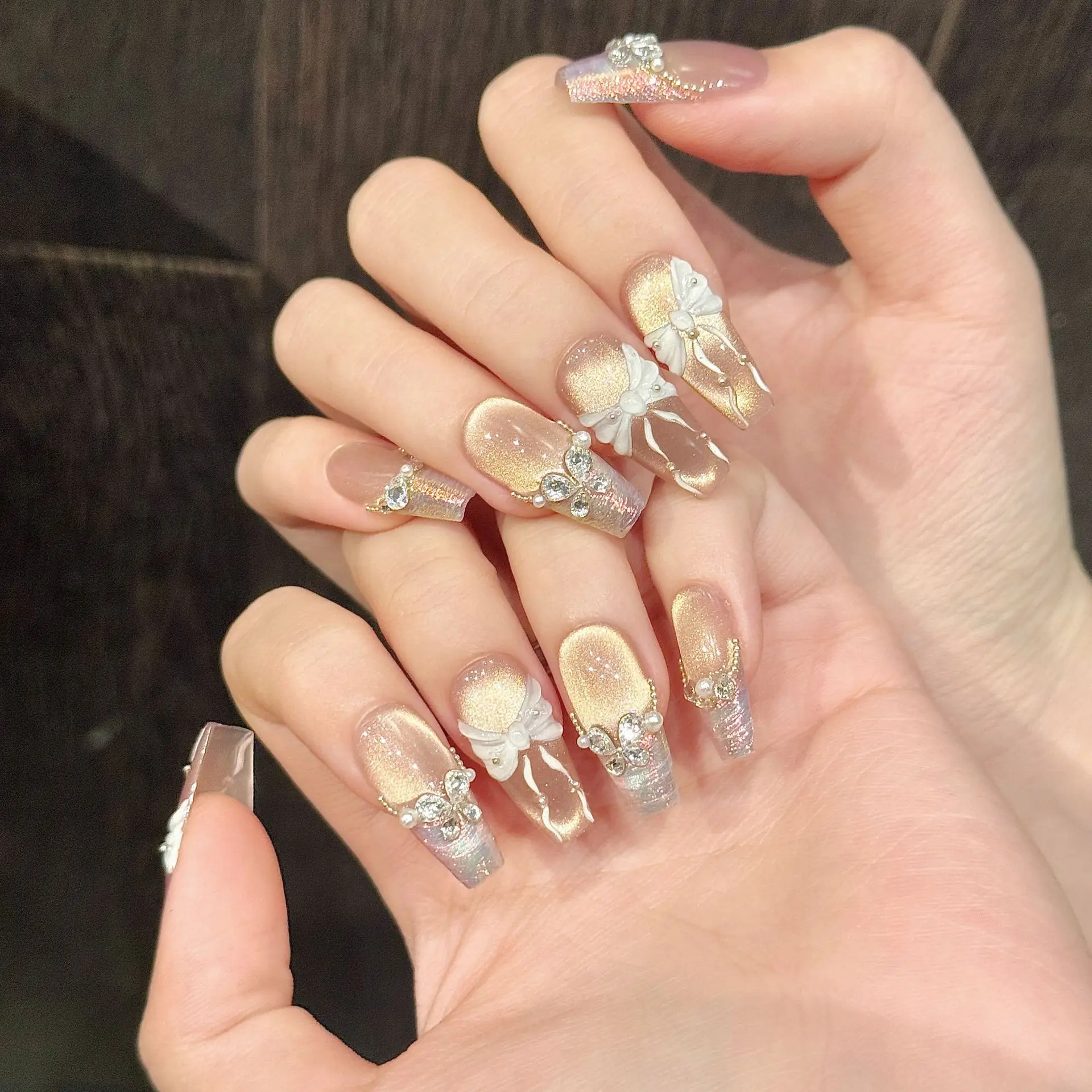 (2742-m) Juego De 10 Piezas De Uñas Con Pedrería Y Lazo