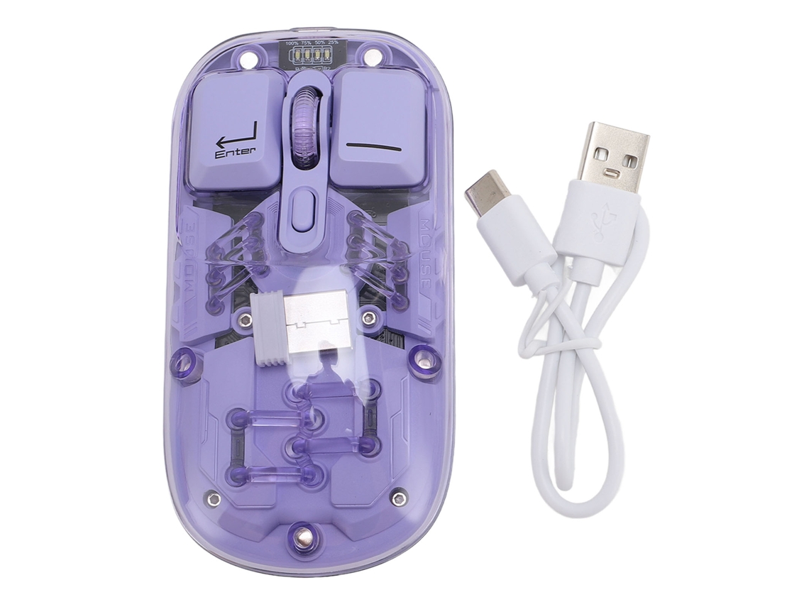 Ratón inalámbrico Baoj-2026, modo dual, 2.4 g, Bluetooth 5.0, 3000 fps, RGB, transparente, recargable, 400 mAh, para oficina, color morado.