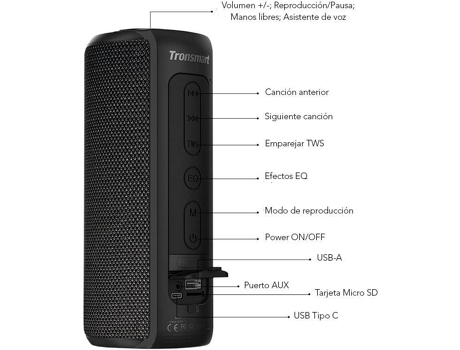 Altavoz Bluetooth TRONSMART T6 Plus (40 W - Autonomía: 15 h - Negro)