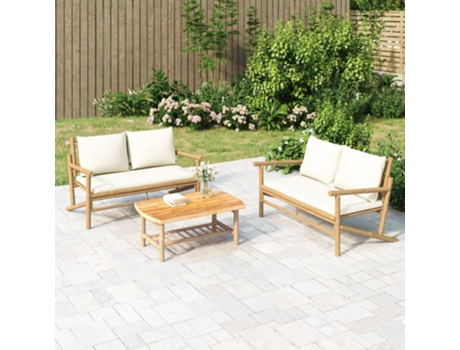 Conjunto 3 de muebles de jardín VIDAXL bambú y cojines blanco crema