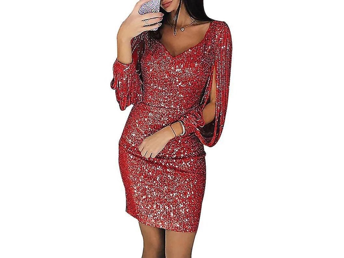 Vestido corto de lentejuelas para mujer con escote en V profundo, mangas largas con borlas y purpurina, rojo Rgv4xl