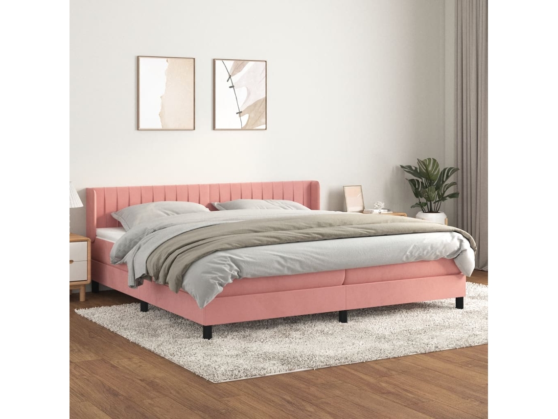 Cama Box Spring Con Colchón Terciopelo Rosa 200x200 Cm
