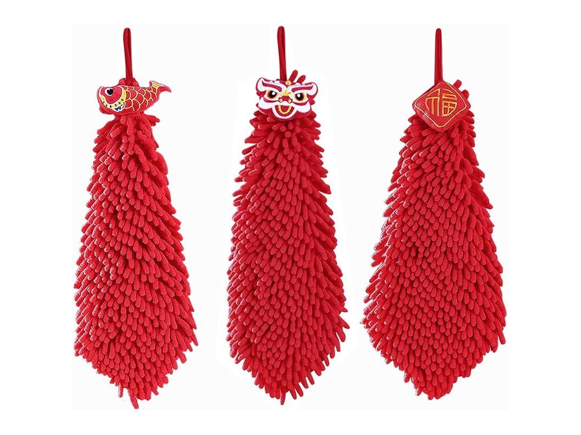 Rebe-3 Toallas De Mano Colgantes Chenille Suaves Secado Rápido Diseño Cartoon Rojo Chino Leóncarpabendición