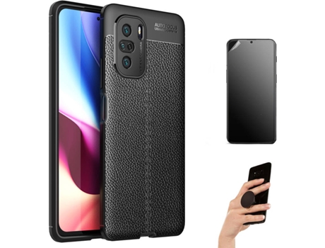 Kit Carcasa y Protector Xiaomi Poco F3 Ultimatte Rugged Leather Popsocket Negro