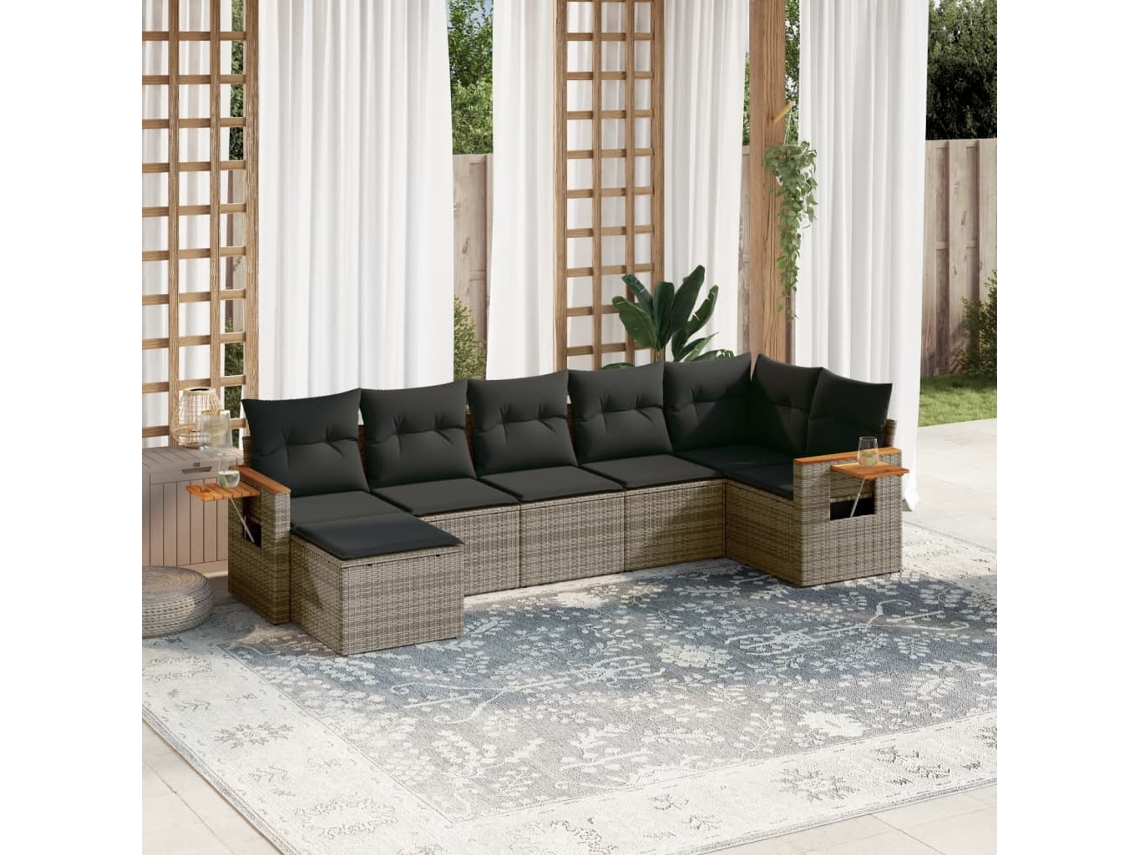 Conjunto de sofá de jardín de 7 piezas con cojines, mimbre gris, DKD Home Decor