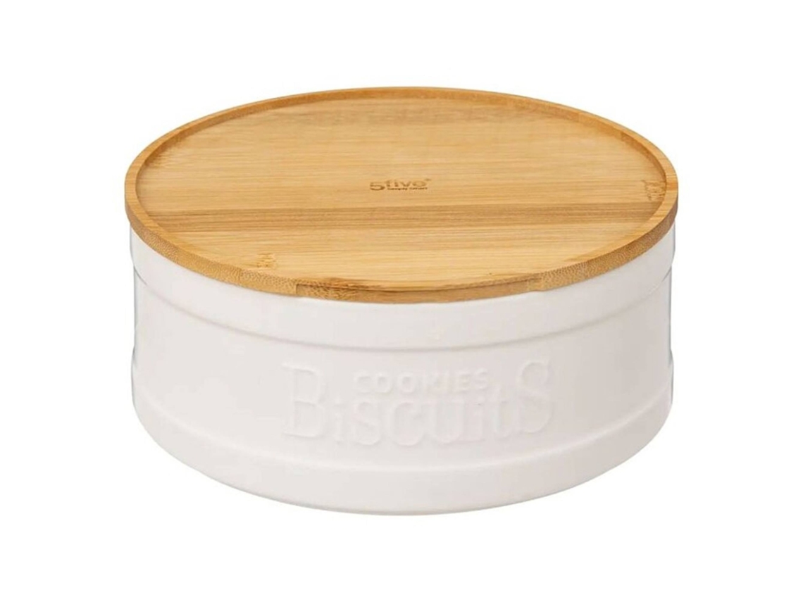 FIVE - Caja para Galletas de Cerámica Blanca con Tapa de Bambú Natureo