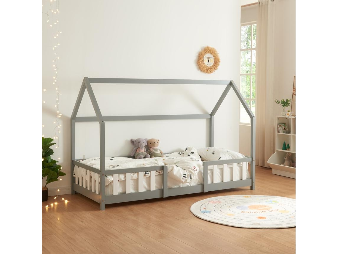 Cama infantil Sisimiut Forma de Casa Pino 90X200 Cm Gris Claro y Blanco EN.CASA