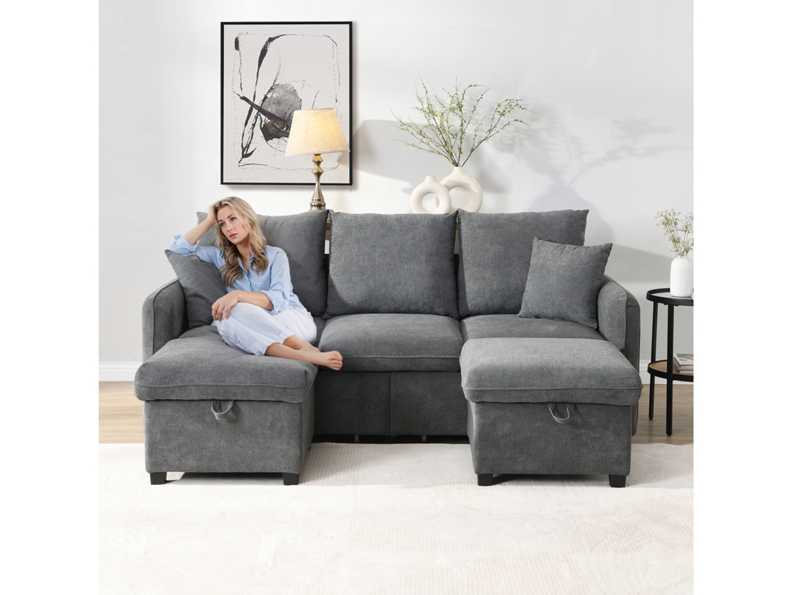 Sofá esquinero multifuncional en forma de U de 3 plazas con función de almacenamiento y cajones, estilo gris
