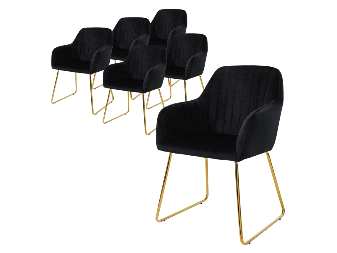 6X Cadeira de Sala de Jantar/Estar Assento Ergonómico de Veludo Preto Pernas de Metal de Veludo Preto ML-DESIGN