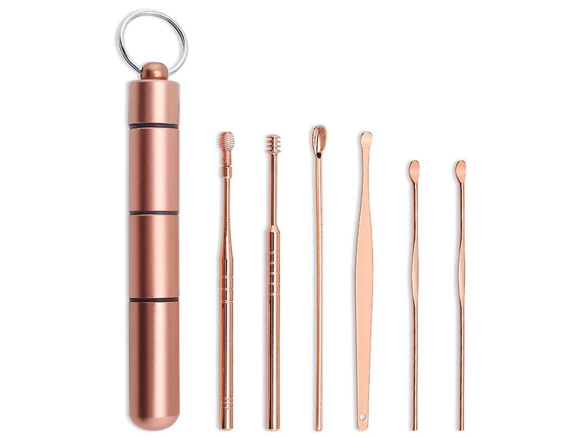 Kit Reutilizable Para La Limpieza De Cerumen, 6 Piezas, Acero Inoxidable, Con Estuche Portátil Para Adultos Y Niños, Oro Rosa.