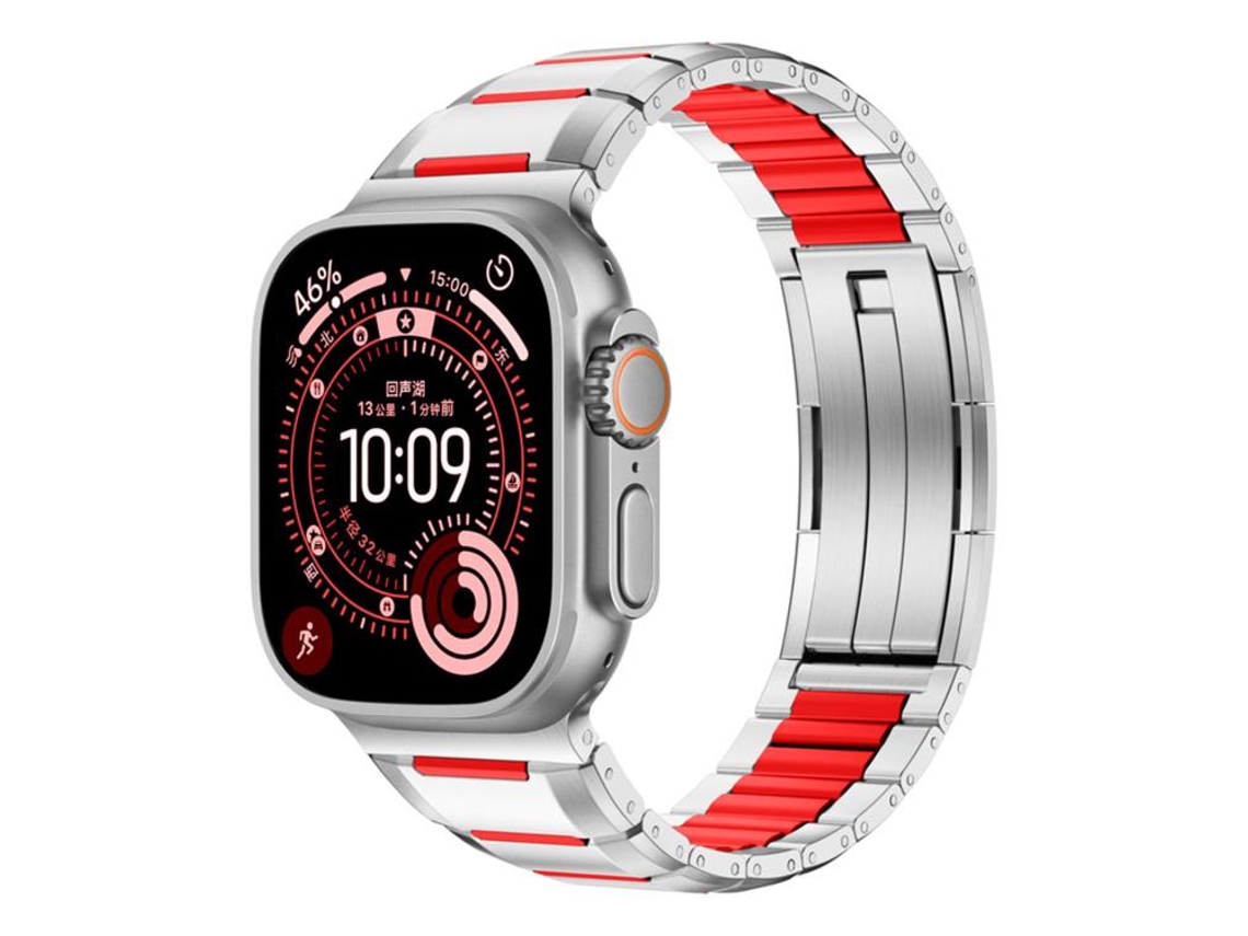 Pulseira Aço Inoxidável Revestimento Borracha Halinuia para Apple Watch 49mm / 46mm / 45mm / 44mm, Vermelho Titânio