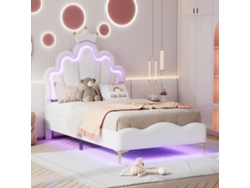 Cama Infantil Tapizada De 90x200 Cm, Cama Princesa Con Forma De Corona, Cama Individual Con Led Y Cabecero Ajustable, Pu Blanco, Sin Colchón.
