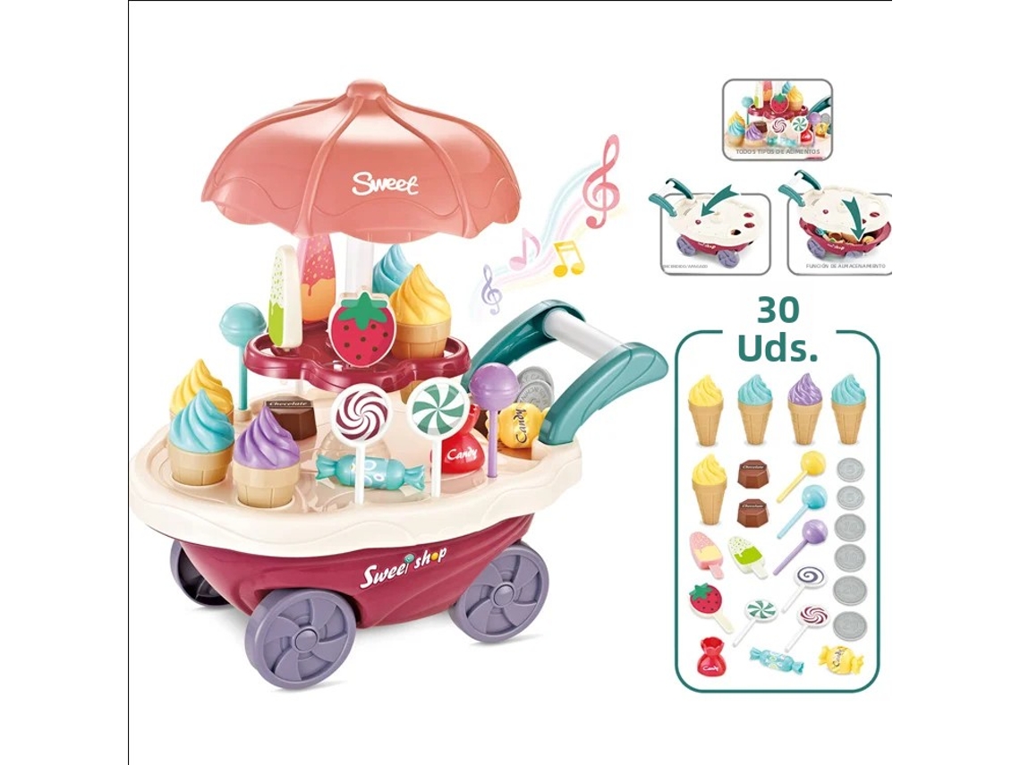 Juguete de cocina infantil que simula un carrito de dulces y un juego de helados. Mdug