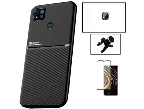 Kit Funda Magnetic Lux, 5D Full Cover, Protector de Cámara y Soporte Magnético de Coche Reforzado Xiaomi Redmi 9 Activ PHONECARE Negro