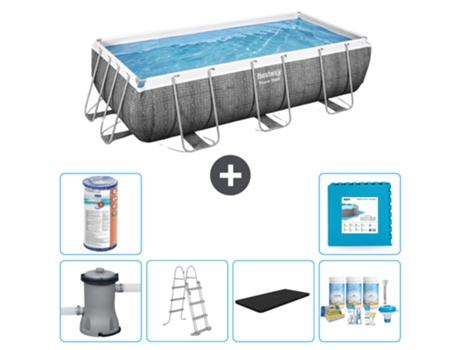 Piscina BESTWAY Rectangular Power Steel - Estampado Ratán - 404 x 201 x 100 - Incluida Bomba - Escalera Accesorios CB22